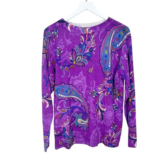 Talbots Shadow Paisley Purple Pure Merino Wool Long Sleeve Sweater Size XL - Picture 2 of 8
